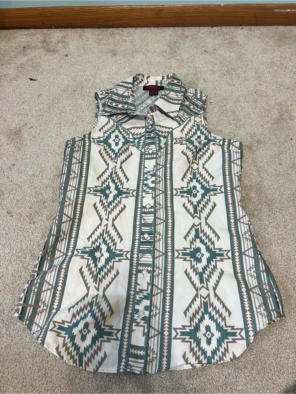 Sleeveless Button-Down Shirt in Teal & Cream Aztec Print